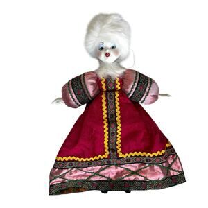 Handmade Russian Costumed 16" Porcelain Doll Fur Hat‎ Hand Painted Snow Maiden